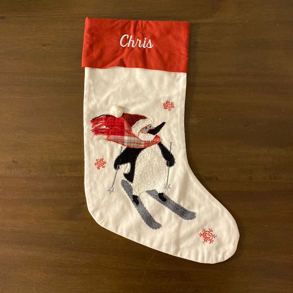 NWT Pottery Barn Custom Chris Skiing Penguin with Snowflakes Christmas Stocking